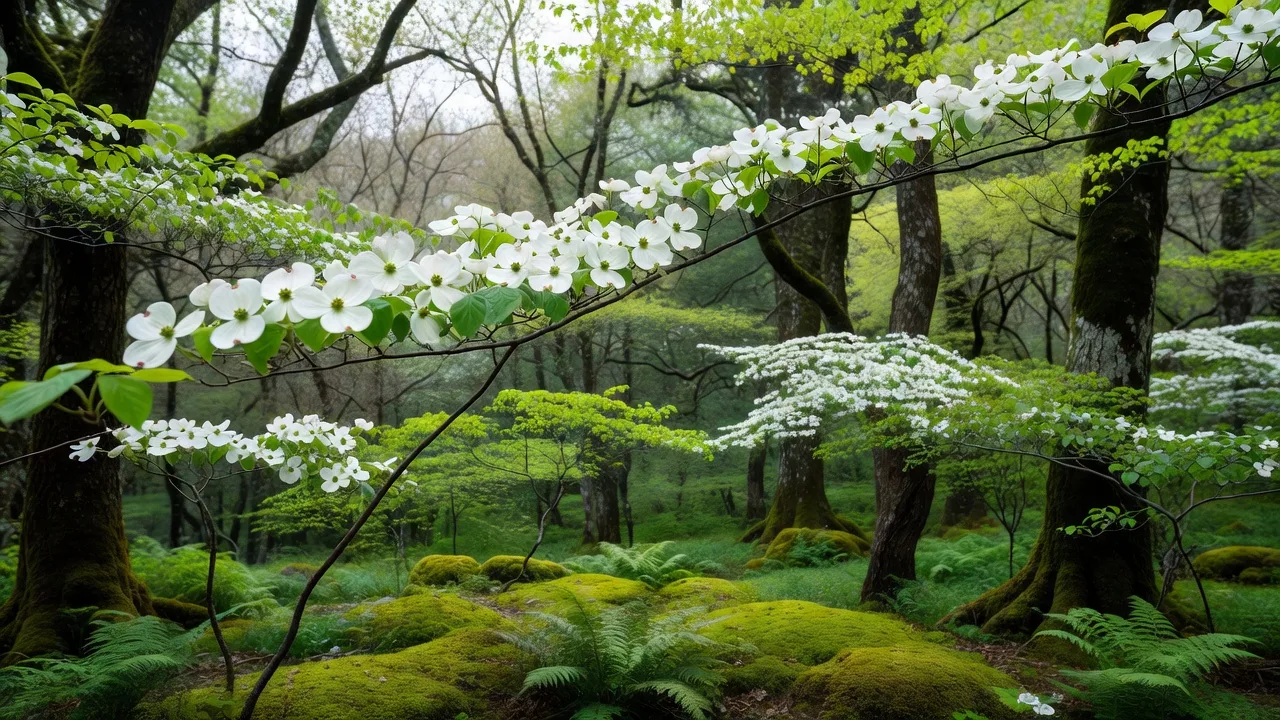 白い花が咲く春の森
