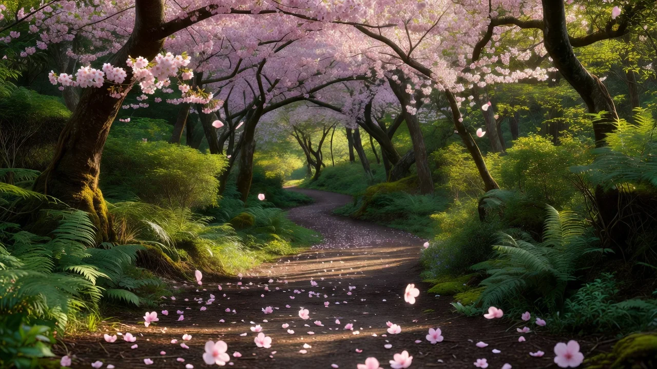 桜の花びらが散る春の小道