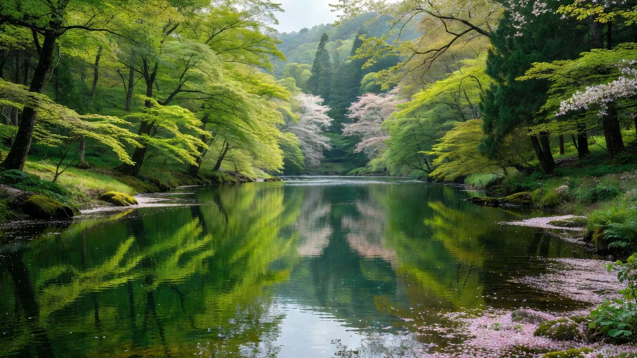春の森を映す川の流れ