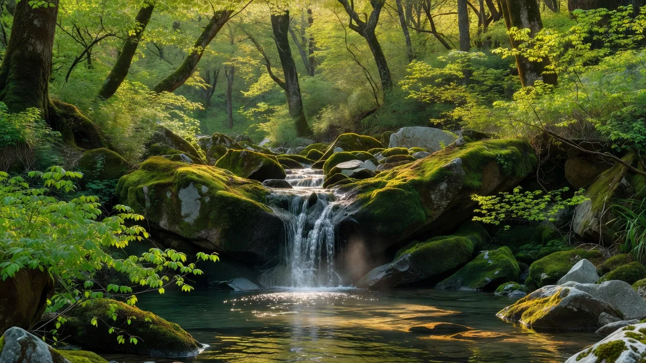 春の森に佇む小さな滝