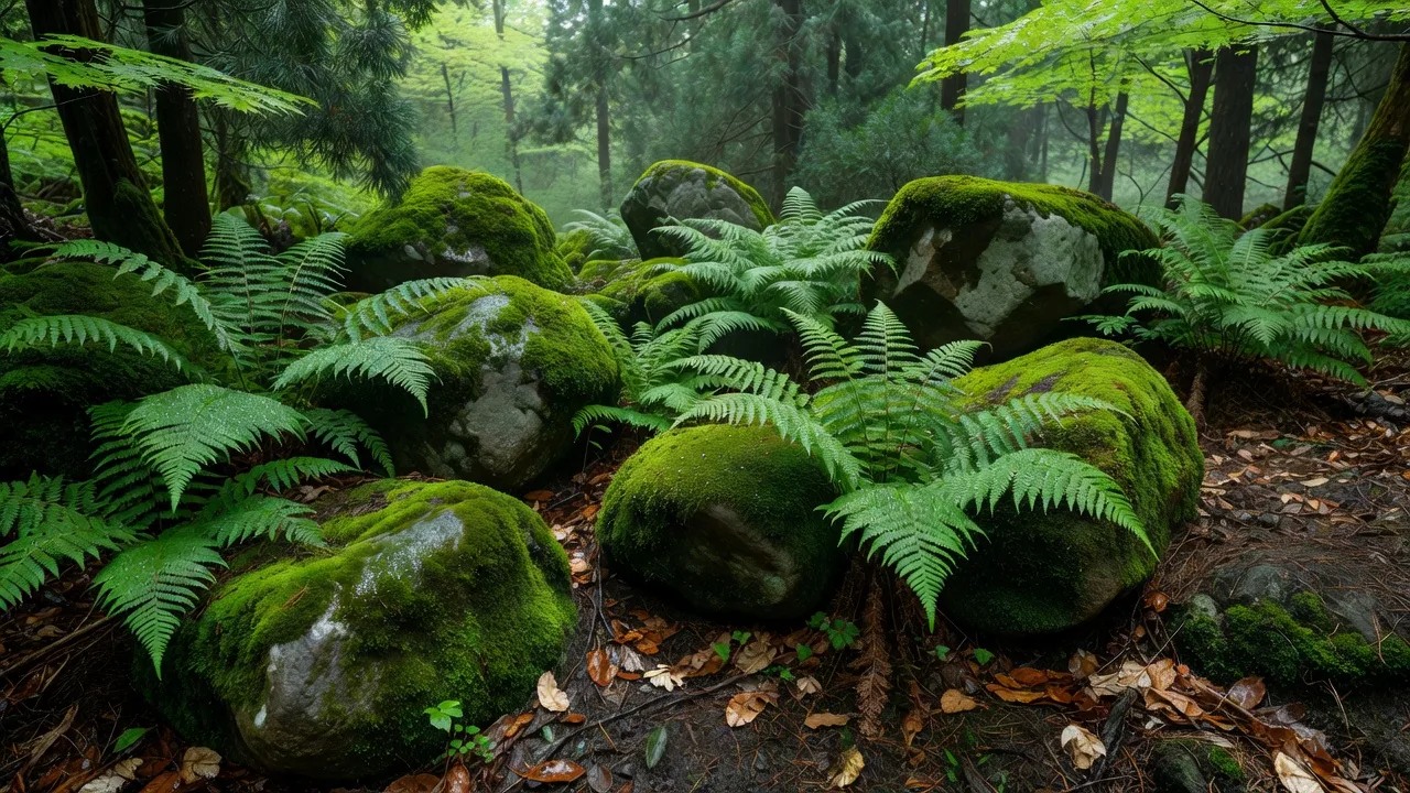 春の苔むした岩とシダ