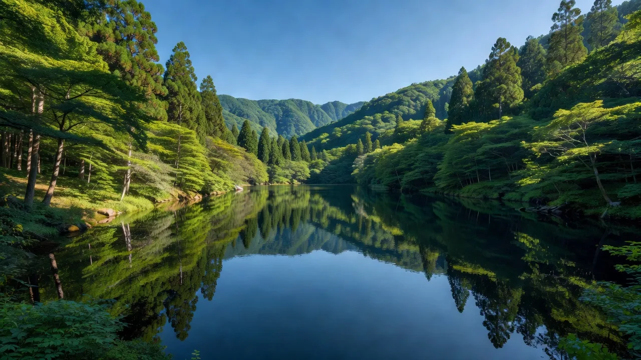 夏の山に囲まれた湖