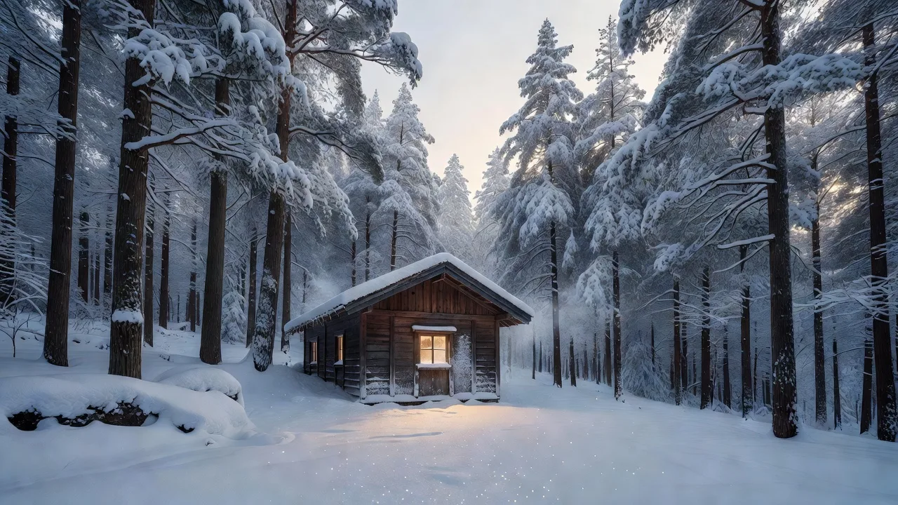 雪の中の森の小屋
