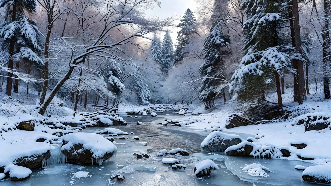 凍った小川と雪