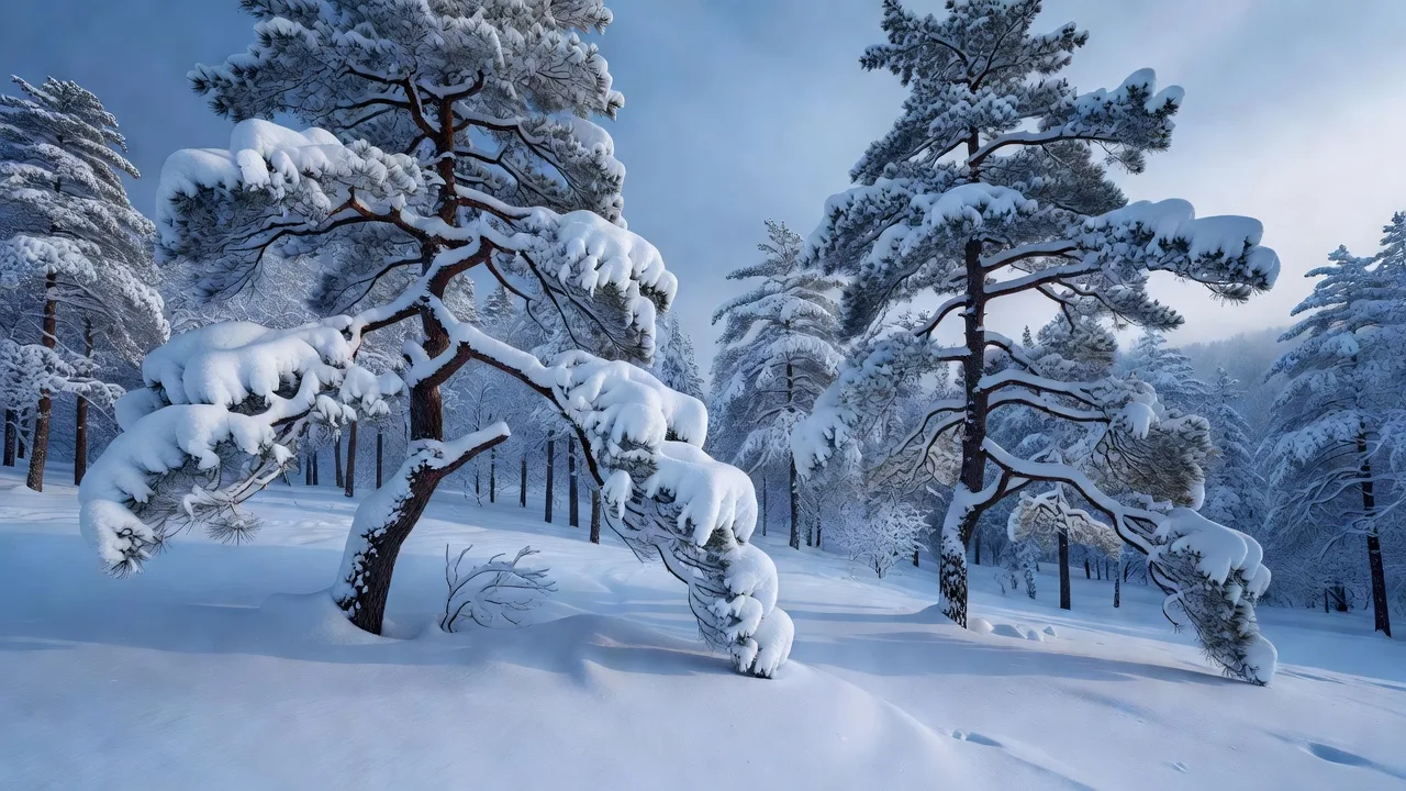 雪を被った松の木